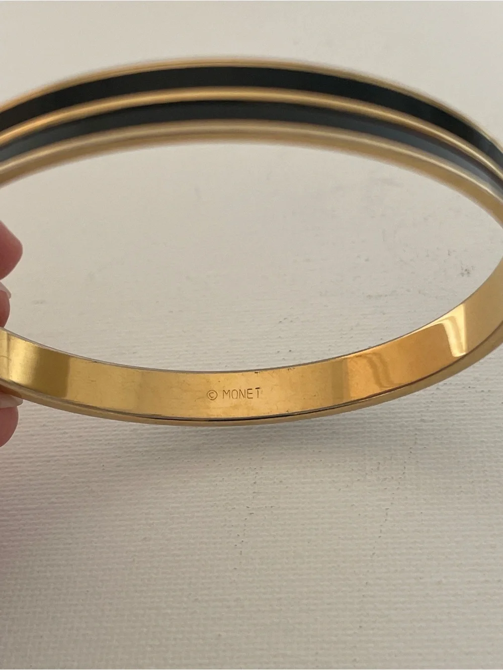 Vintage Monet Bangle Bracelets Set of 3 Gold Plate and Black Enamel Size 7.75